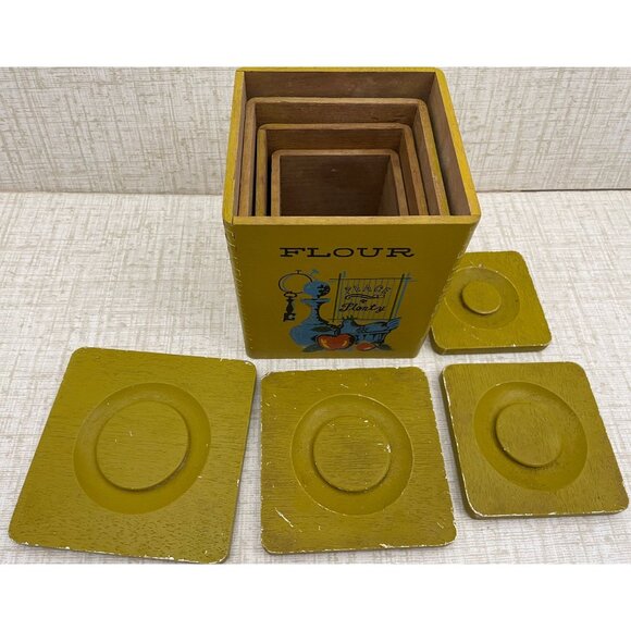 Set of vintage kitchen canisters, wooden dovetailed counter top storage, olive / - Picture 3 of 10